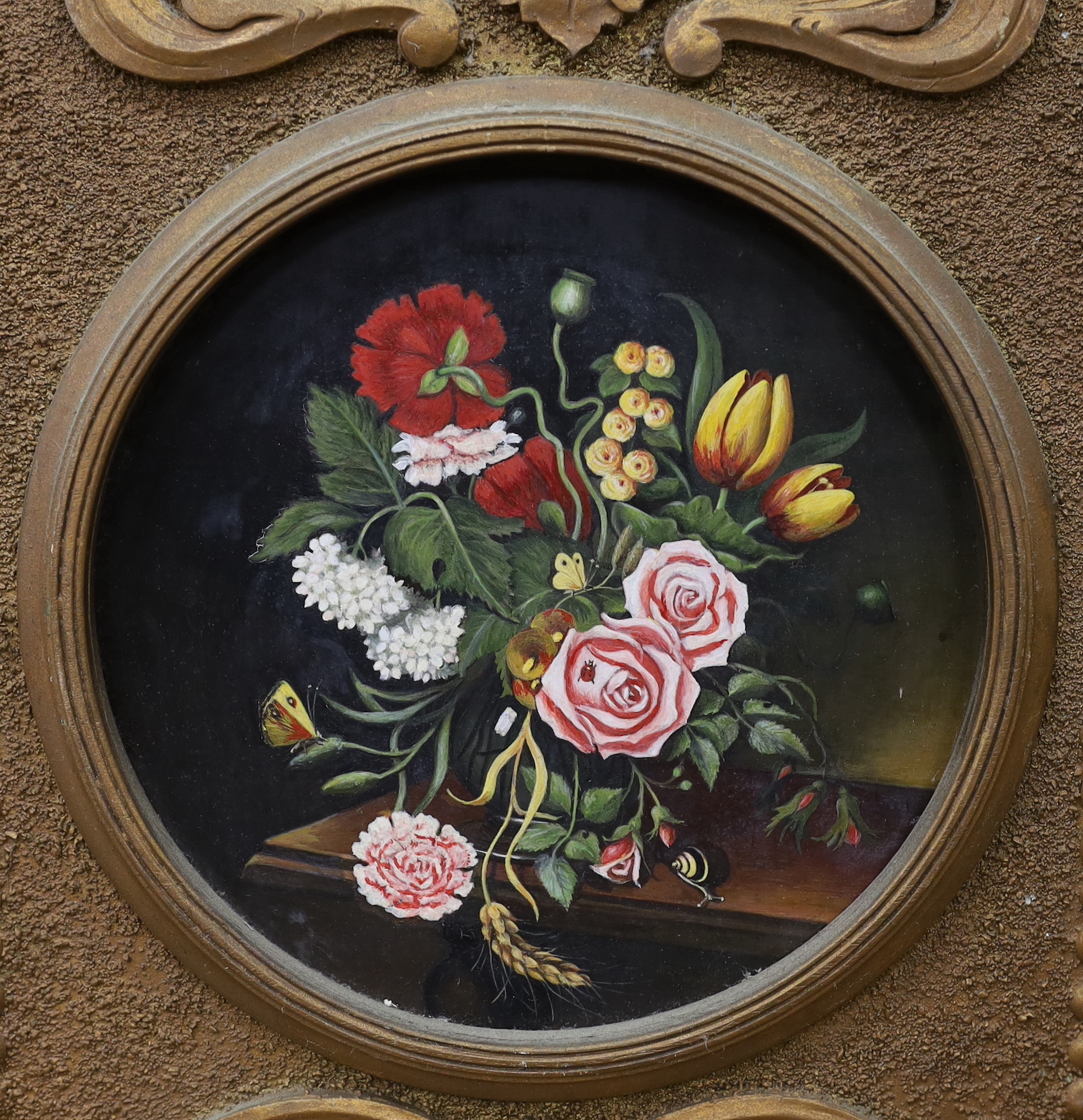 W.H. Darlington (20th. C), oval oil on board, Still life of flowers and fruit, signed and dated 1952, together with a similar still life, tondo